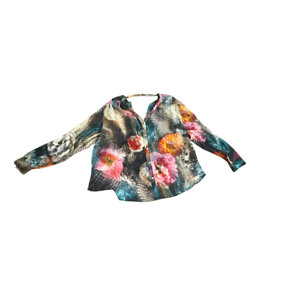 100% Silk Alberto Makali Bold Floral‎ Print Blouse Size L Luxe Vintage Gem